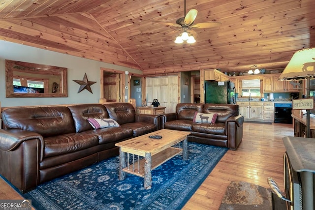 living room with ceiling fan, wood ceiling, sink, light hardwood / wood-style flooring, and high vaulted ceiling