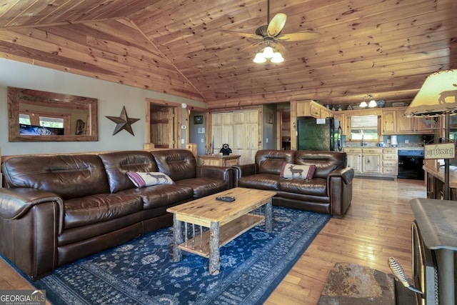 living room with a ceiling fan, wood ceiling, high vaulted ceiling, light wood-type flooring, and beverage cooler