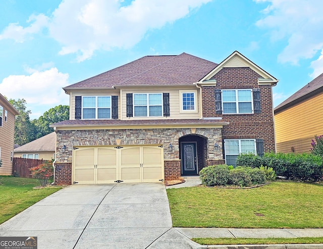 view of front facade featuring a front lawn and a garage