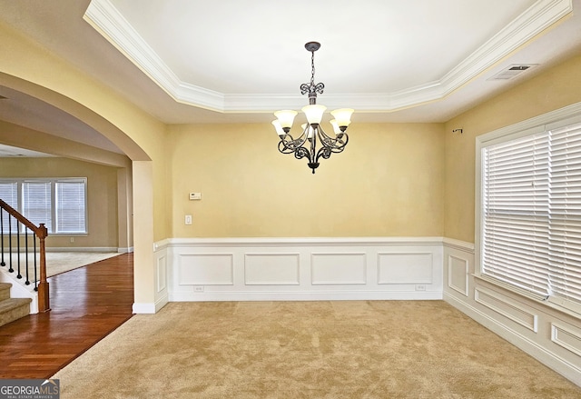 spare room featuring a tray ceiling, plenty of natural light, and carpet flooring