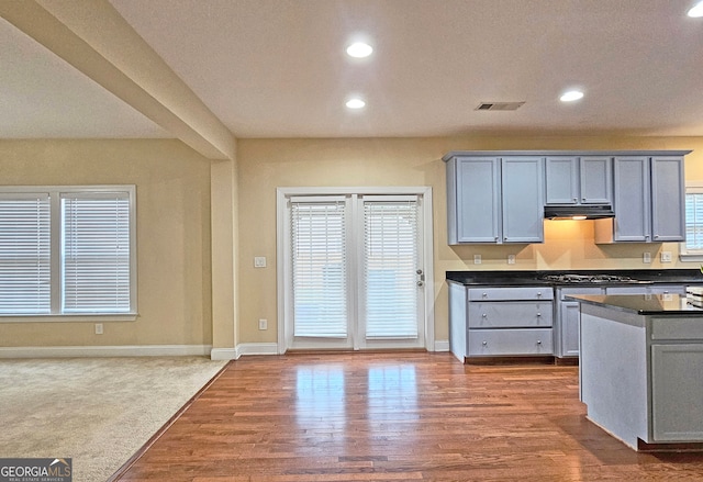 kitchen with wood-type flooring, a wealth of natural light, and gray cabinetry