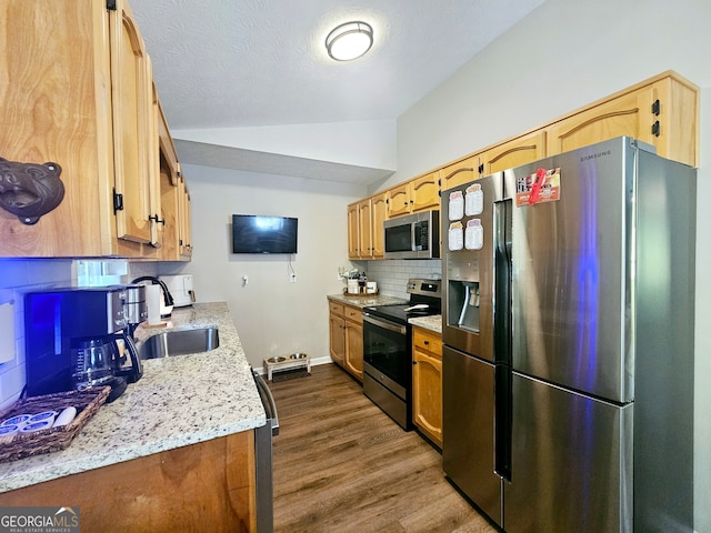 kitchen with tasteful backsplash, stainless steel appliances, lofted ceiling, dark hardwood / wood-style floors, and sink