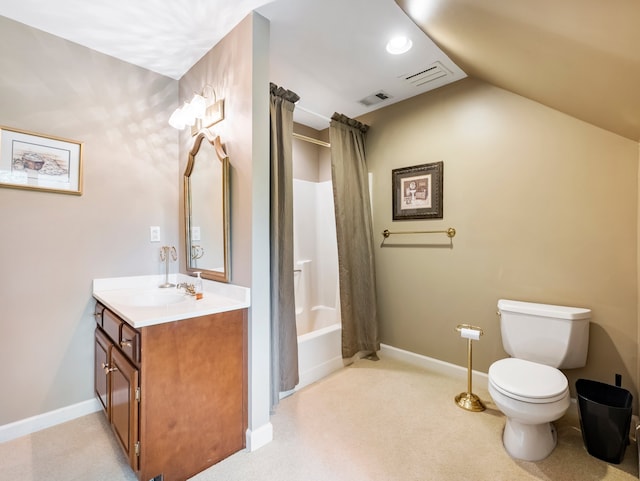 full bathroom featuring shower / bath combo, lofted ceiling, vanity, and toilet