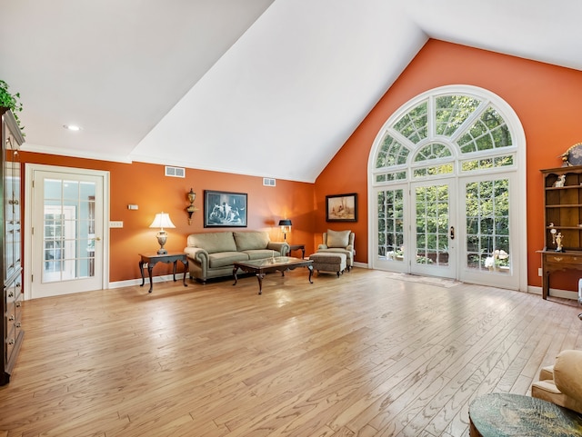 interior space with ornamental molding, lofted ceiling, light hardwood / wood-style floors, and plenty of natural light