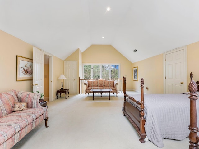 4394 Holly Springs Rd, Pendergrass, GA 30567 - carpeted bedroom featuring baseboards, lofted ceiling, visible vents, and recessed lighting