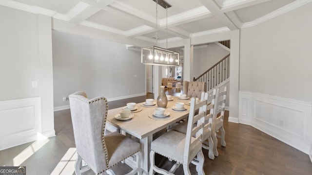 dining room featuring coffered ceiling, ornamental molding, beamed ceiling, and dark hardwood / wood-style flooring