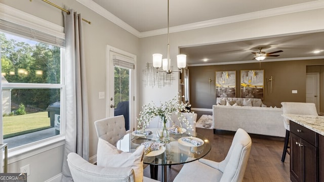 dining area featuring ceiling fan with notable chandelier, a wealth of natural light, ornamental molding, and dark wood-type flooring