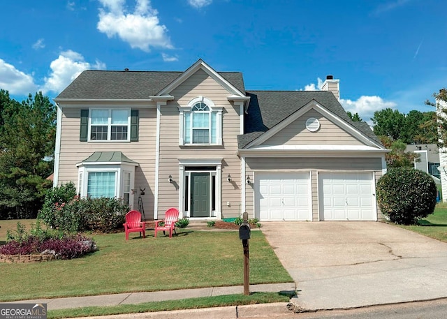 2206 Sugar Maple Ct NW, Acworth, GA 30101 - view of front of house featuring a garage, driveway, a chimney, and a front lawn