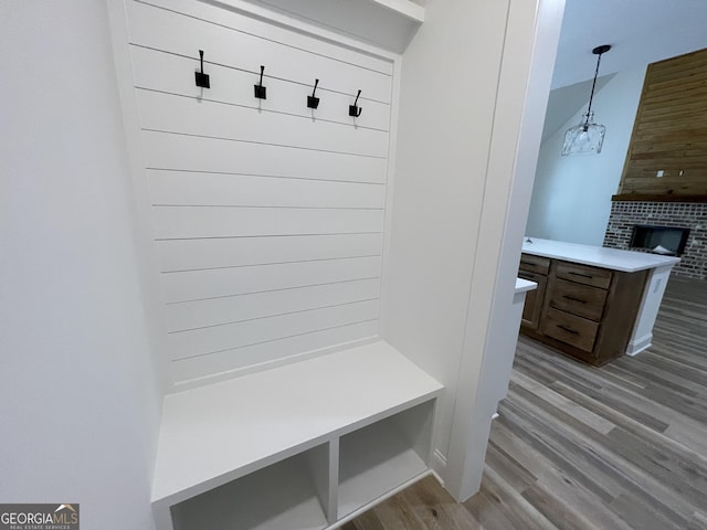 mudroom with a fireplace and light hardwood / wood-style flooring