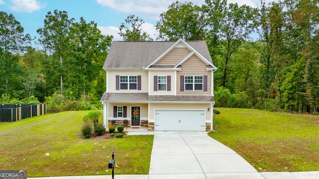 craftsman-style home with a front lawn and a garage