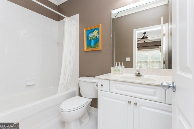 full bathroom with ceiling fan, tile patterned floors, toilet, shower / tub combo with curtain, and vanity