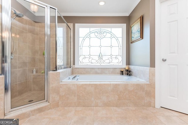 bathroom with tile patterned flooring, crown molding, and independent shower and bath