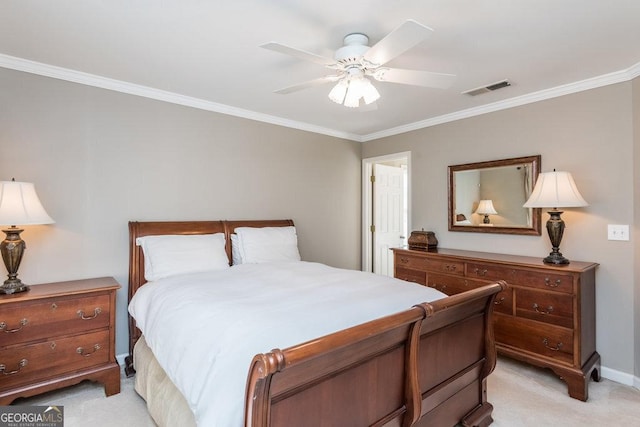 bedroom featuring light carpet, ceiling fan, and ornamental molding