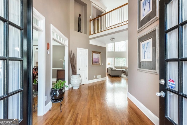 entrance foyer featuring hardwood / wood-style floors and a high ceiling