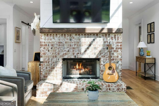 details with wood-type flooring, a barn door, a fireplace, and crown molding