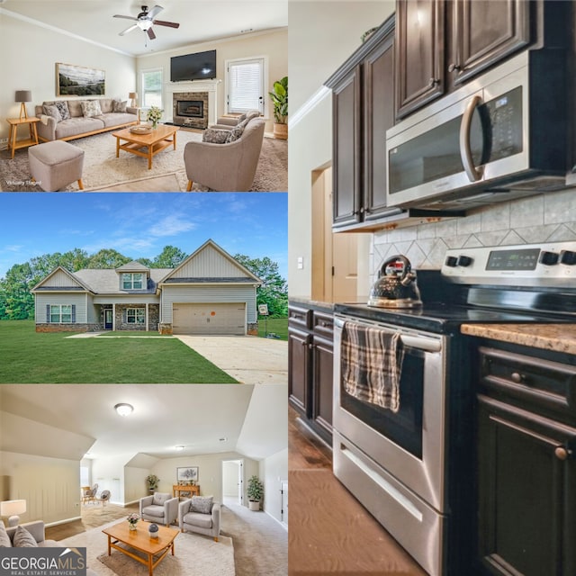 kitchen featuring ceiling fan, backsplash, crown molding, dark brown cabinets, and appliances with stainless steel finishes