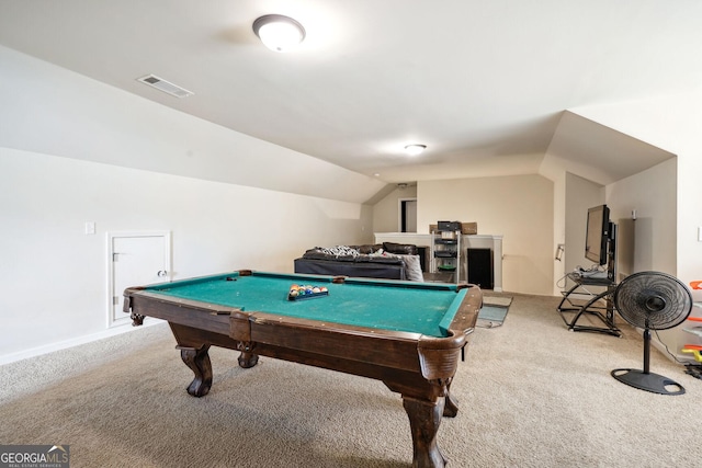 playroom with vaulted ceiling, billiards, and carpet flooring