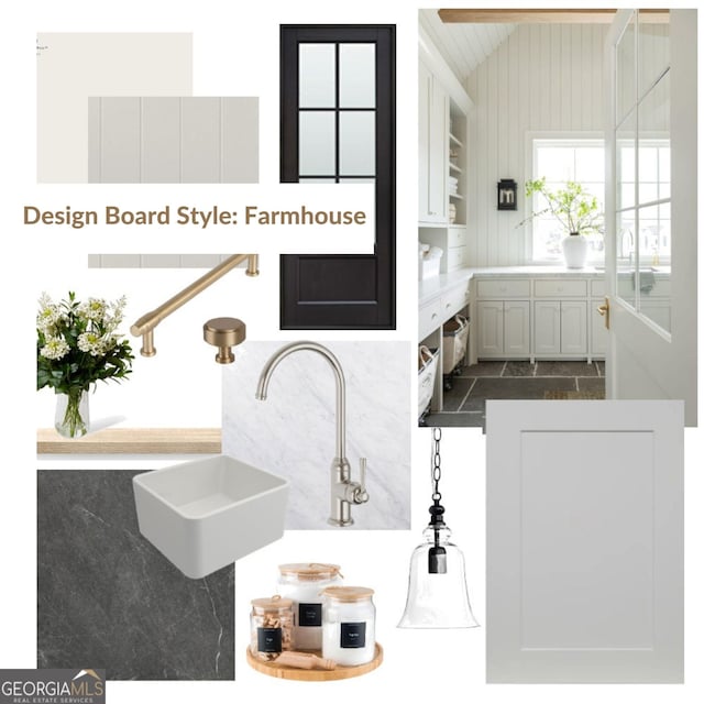 interior space featuring white cabinetry, sink, and vaulted ceiling