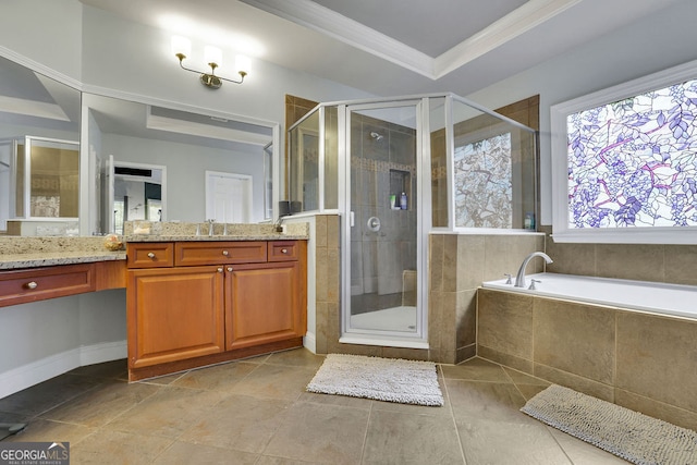 bathroom with vanity, shower with separate bathtub, and ornamental molding