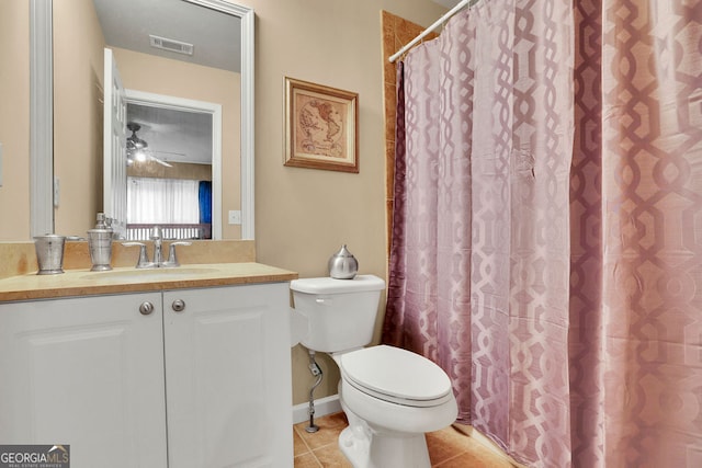 bathroom featuring ceiling fan, walk in shower, toilet, vanity, and tile patterned floors