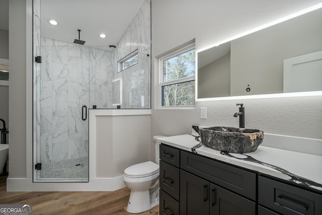 bathroom featuring hardwood / wood-style flooring, vanity, toilet, and an enclosed shower