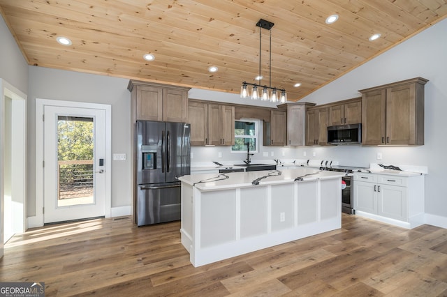 kitchen featuring appliances with stainless steel finishes, wooden ceiling, hardwood / wood-style floors, a kitchen island, and hanging light fixtures