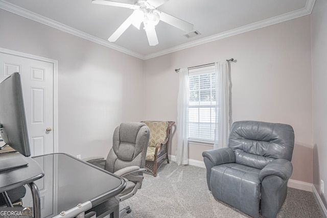 home office featuring ceiling fan, carpet floors, and crown molding