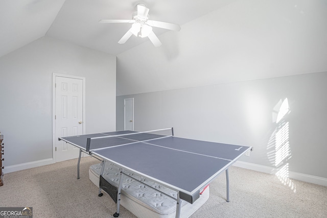 game room with light carpet, vaulted ceiling, and ceiling fan