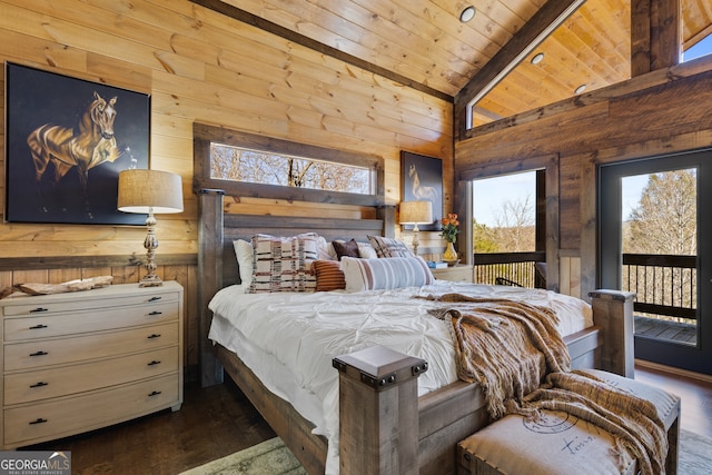 bedroom featuring wood ceiling, wood walls, dark hardwood / wood-style floors, and access to outside