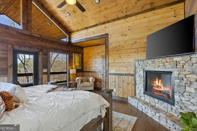 bedroom with access to outside, ceiling fan, wood walls, wooden ceiling, and hardwood / wood-style floors