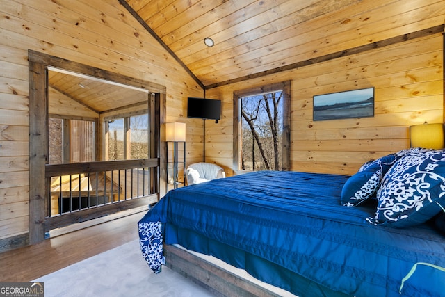 bedroom featuring wood ceiling, lofted ceiling, and wood walls