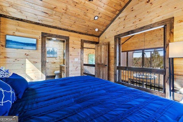 bedroom featuring ensuite bathroom, lofted ceiling, wood walls, and wood ceiling