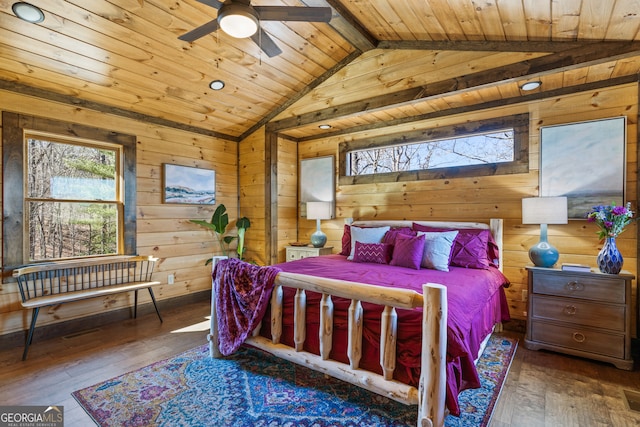 bedroom featuring wood ceiling, wood walls, hardwood / wood-style floors, and lofted ceiling with beams