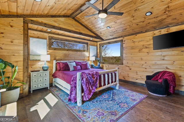 bedroom featuring wooden ceiling, wooden walls, dark hardwood / wood-style floors, and lofted ceiling with beams