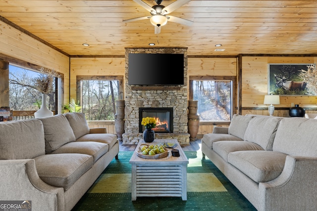 living room featuring wood walls and a wealth of natural light