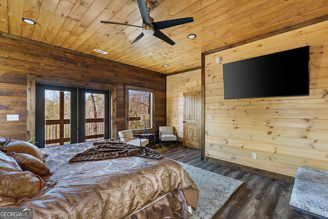 bedroom featuring wood ceiling, ceiling fan, access to outside, and dark wood-type flooring