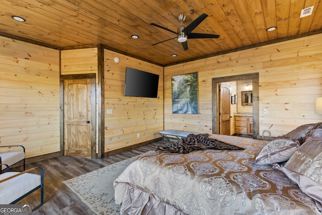 bedroom with ceiling fan, wood walls, dark hardwood / wood-style flooring, and wooden ceiling