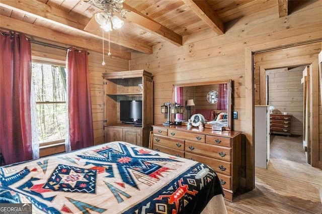 bedroom with wood ceiling, beamed ceiling, wood-type flooring, ceiling fan, and wooden walls