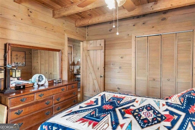 bedroom featuring wood ceiling, wood walls, ceiling fan, and beamed ceiling