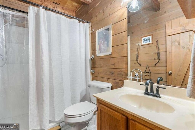 bathroom featuring vanity, wood ceiling, curtained shower, wooden walls, and toilet