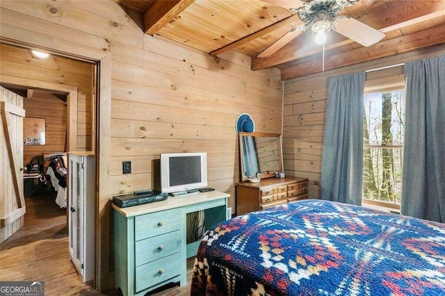 bedroom with light wood-type flooring, wood walls, ceiling fan, and wooden ceiling