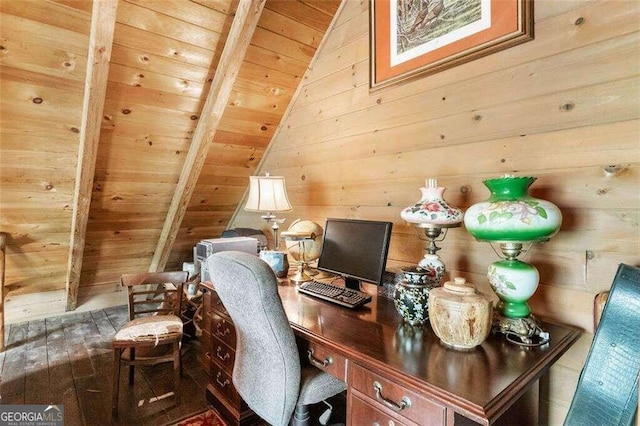 office area featuring wooden ceiling, vaulted ceiling with beams, and wood walls