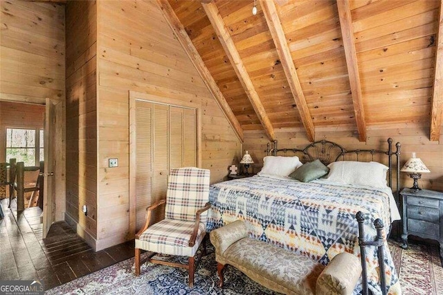 bedroom featuring vaulted ceiling with beams, wooden walls, dark hardwood / wood-style flooring, and wooden ceiling