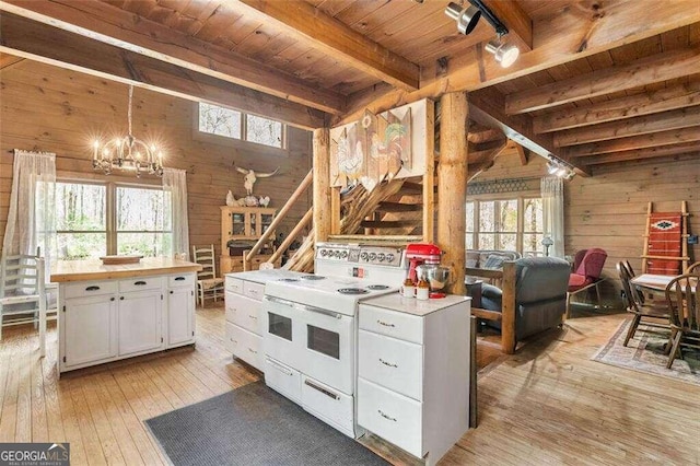 kitchen featuring wood ceiling, wooden walls, white cabinetry, white electric stove, and light hardwood / wood-style floors