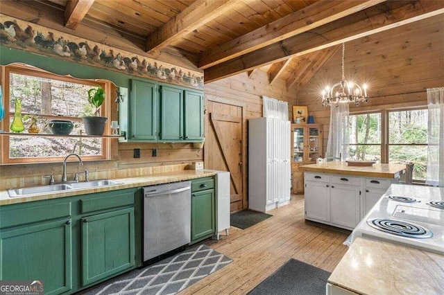 kitchen with vaulted ceiling with beams, wood walls, a healthy amount of sunlight, and stainless steel dishwasher