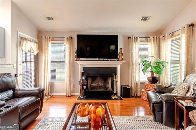 living room with light wood-type flooring, vaulted ceiling, and a healthy amount of sunlight