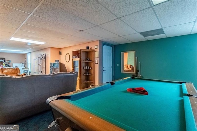 game room with a drop ceiling and billiards