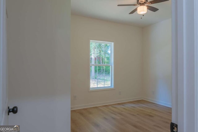 empty room featuring ceiling fan and light hardwood / wood-style floors