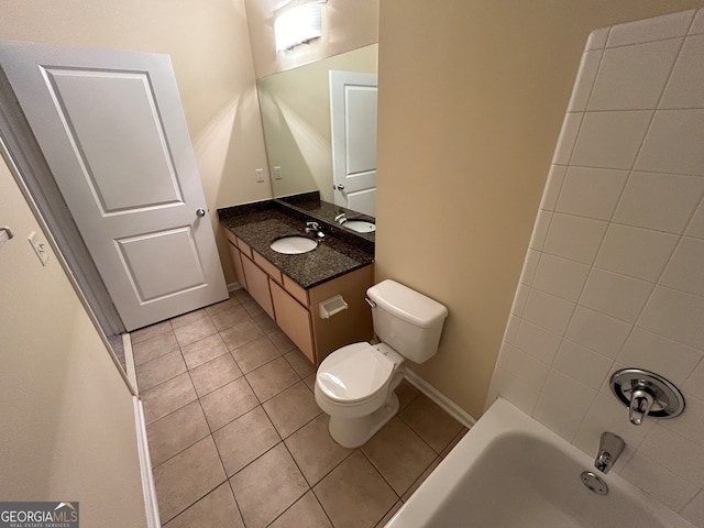 full bathroom with tiled shower / bath combo, tile patterned flooring, vanity, and toilet