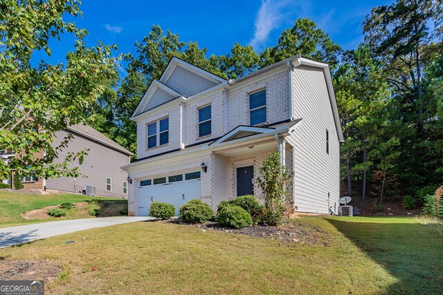 view of front facade with a garage, central AC unit, and a front lawn